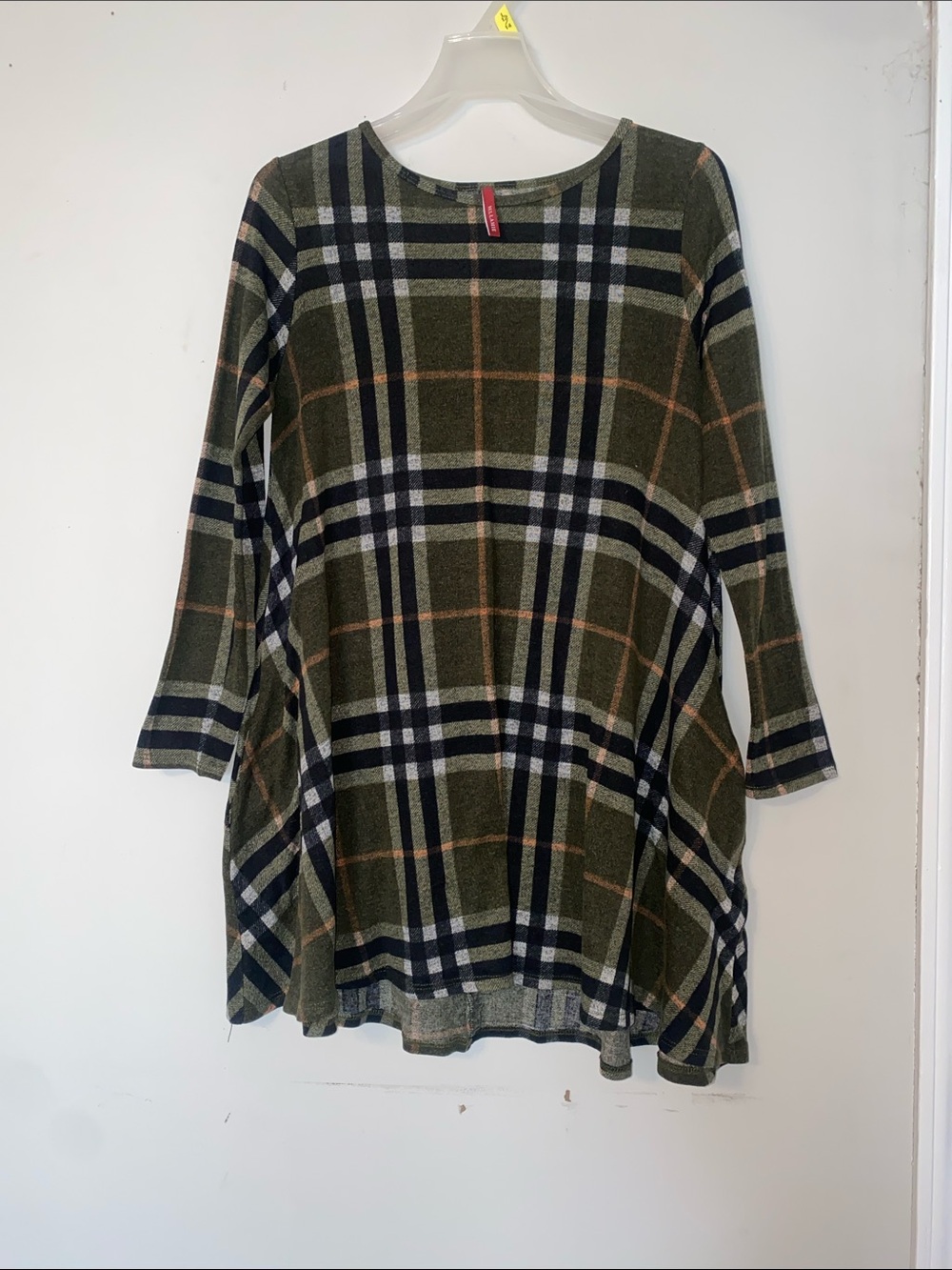 Bellamie Olive Plaid Scoop-Neck Mini Dress with Navy & Cream Stripes